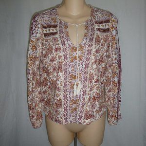 Lucky Brand Beaded Print Peasant Top SZ S/P